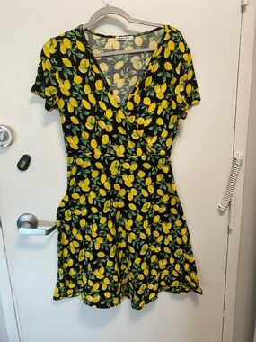 Lemon-Print Wrap Fit & Flare Dress - Yellow on Black
